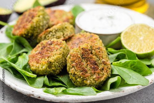 Vegetarian Spinach Falafel Fritters On Plate Closeup View