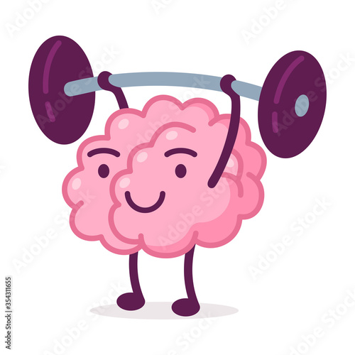 Strong Pink Brain Lifting Barbell, Funny Human Nervous System Organ Cartoon Character Vector Illustration on White Background