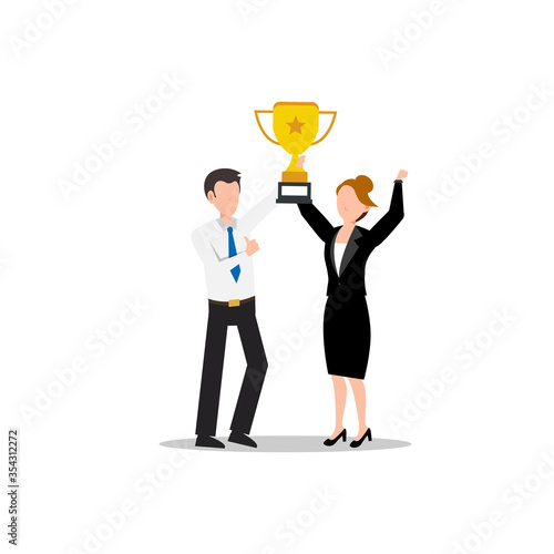 Cartoon character illustration of successful young business couple holding up the gold trophy together. Flat design isolated on white background.