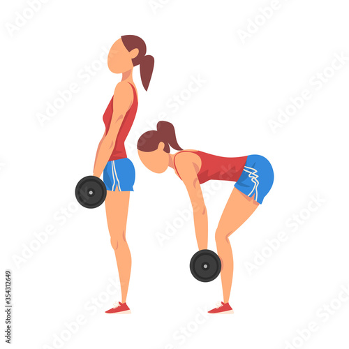 Woman Doing Dumbbell Deadlift in Two Steps, Girl Doing Sports Firming her Body, Buttock Workout Vector Illustration on White Background