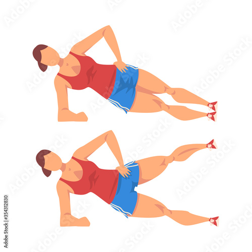 Woman Doing Leg Rise Exercise in Two Steps, Girl Doing Sports Firming her Body, Buttock Workout Vector Illustration on White Background