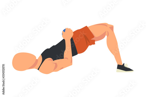 Man Doing Exercise with Hip Lifting, Male Athlete Doing Sports for Fit Body, Buttock Workout Vector Illustration on White Background