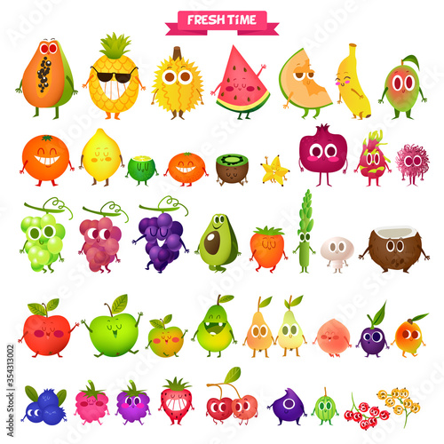 Icons fresh fruit. Pineapple, pear, lemon, papaya, melon, mango, orange, kiwi, lime, grape, persimmon, coconut, apricots, blueberries, strawberries, raspberries, cherries, gooseberries.