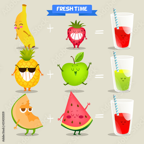 A set of cute fruit. Illustration with funny characters. Love and hearts. Time to fresh. 