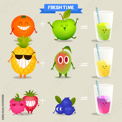 A set of cute fruit. Illustration with funny characters. Love and hearts. Time to fresh. 
