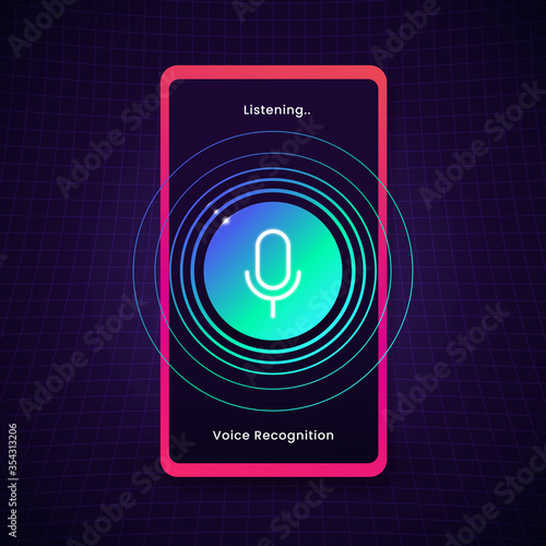 smartphone digital voice recognition listening sound concept design with microphone icon and circle audio wave vector illustration. AI voice assistant.