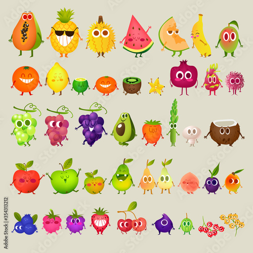 Icons fresh fruit. Pineapple, pear, lemon, papaya, melon, mango, orange, kiwi, lime, grape, persimmon, coconut, apricots, blueberries, strawberries, raspberries, cherries, gooseberries.