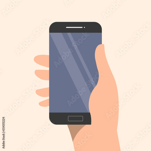 Man's hand holds the phone on a light warm background template mockup. Stock vector illustration in a flat style. Use for advertising applications, online services, social networks, games. Socialmedia
