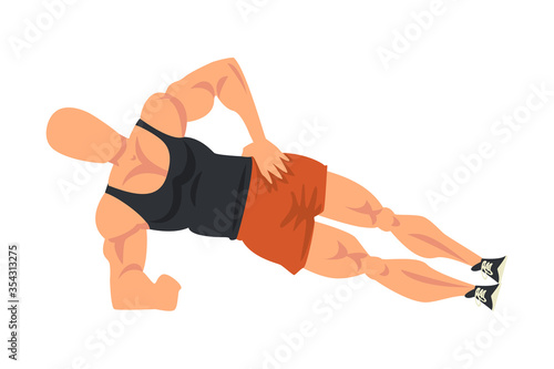 Man Doing Side Plank, Side View of Male Athlete Doing Sports for Fit Body, Buttock Workout Vector Illustration on White Background