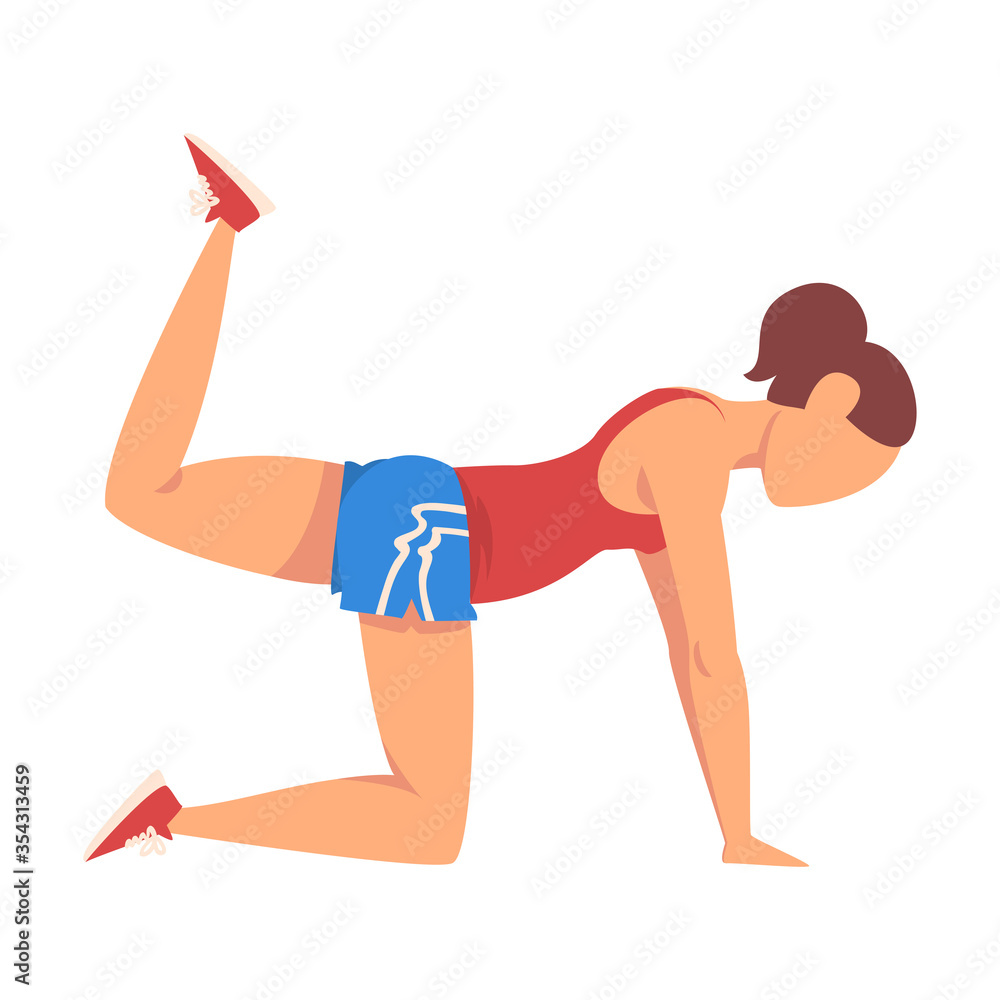 Woman Doing Donkey Kicks Exercise, Girl Doing Sports Firming her Body, Buttock Workout Vector Illustration on White Background Woman Doing Donkey Kicks Exercise, Girl Doing Sports Firming her Body, Buttock Workout Vector Illustration on White Background
