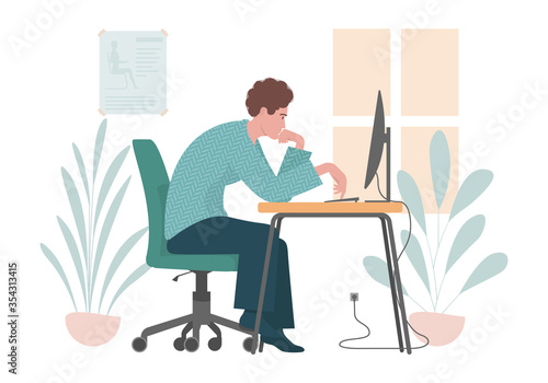 Incorrect sitting posture. Flat illustration with man working on a computer.
