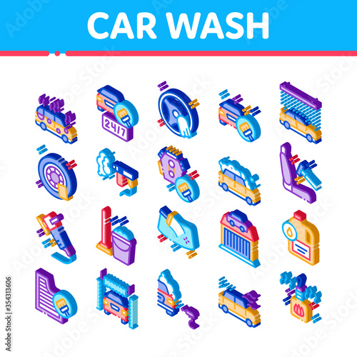 Car Wash Auto Service Icons Set Vector. Isometric Automatical Car Wash Building And Equipment, Cleaning Liquid Bottle And Air Freshener Illustrations