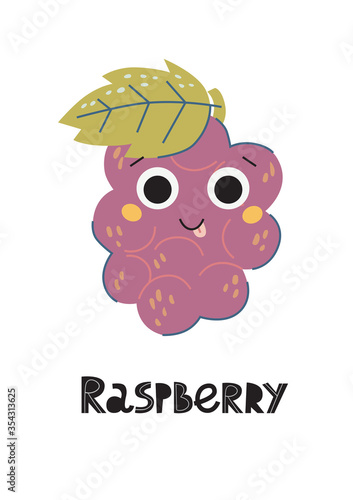 Cartoon vector raspberry. Flat style. Excellent for the design of postcards, posters, stickers and so on.
