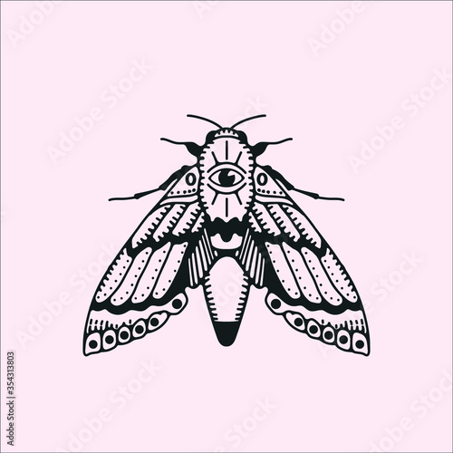 goth moth with an all seeing eye. occult vector tattoo and logo design illustration, isolated insect on a white background. graphic artwork vintage engraving style