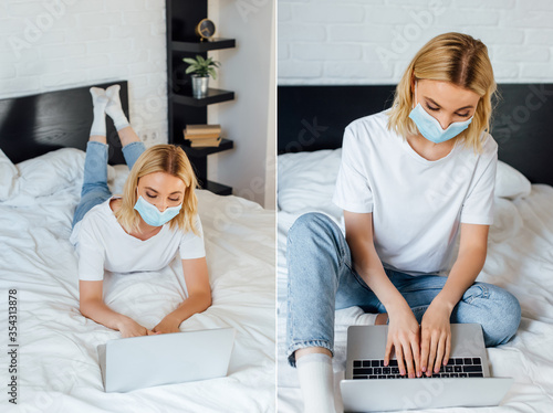 Collage of blonde freelancer in medical mask using laptop on bed