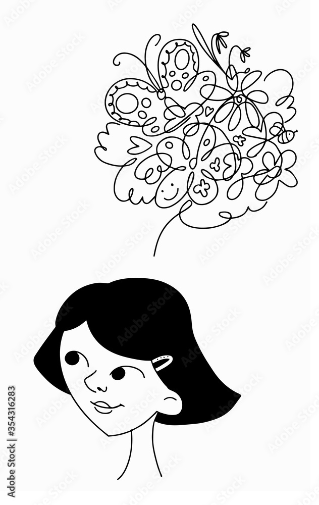 The face of a cute girl and the thoughts in her head. Vector illustration doodle style The face of a cute girl and the thoughts in her head. Vector illustration doodle style