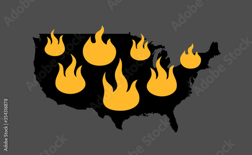 USA and America is on fire - staewide and countrywide  wildfire across whole country or dangerous unrest and riot leading to arson, incendiarism and fire-raising. Vector illustration of flames and map