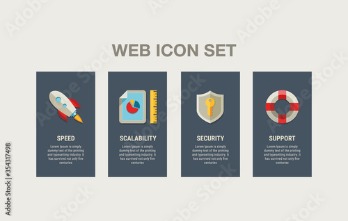 Web icon set. 4 option UI design. Speed, scalability, security, support.  Can be used for websites of hosting providers and other web services. 