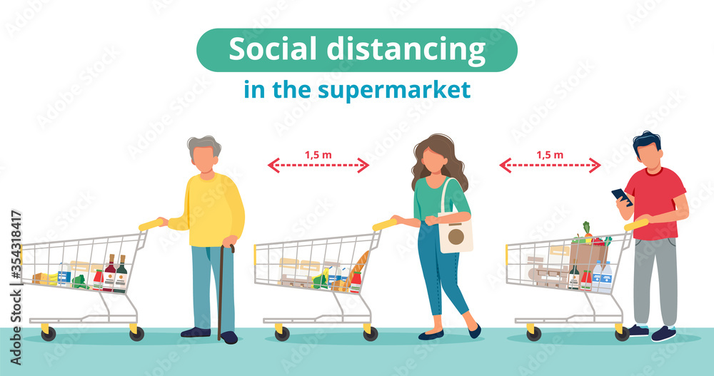 Social distance in supermarket, people in line with shopping carts. Coronavirus prevention measures. Vector illustration in flat style
