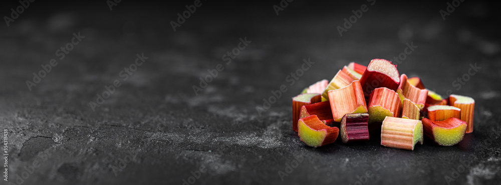 Freshly chopped Rhubarb (close up; selective focus) - obrazy, fototapety, plakaty 