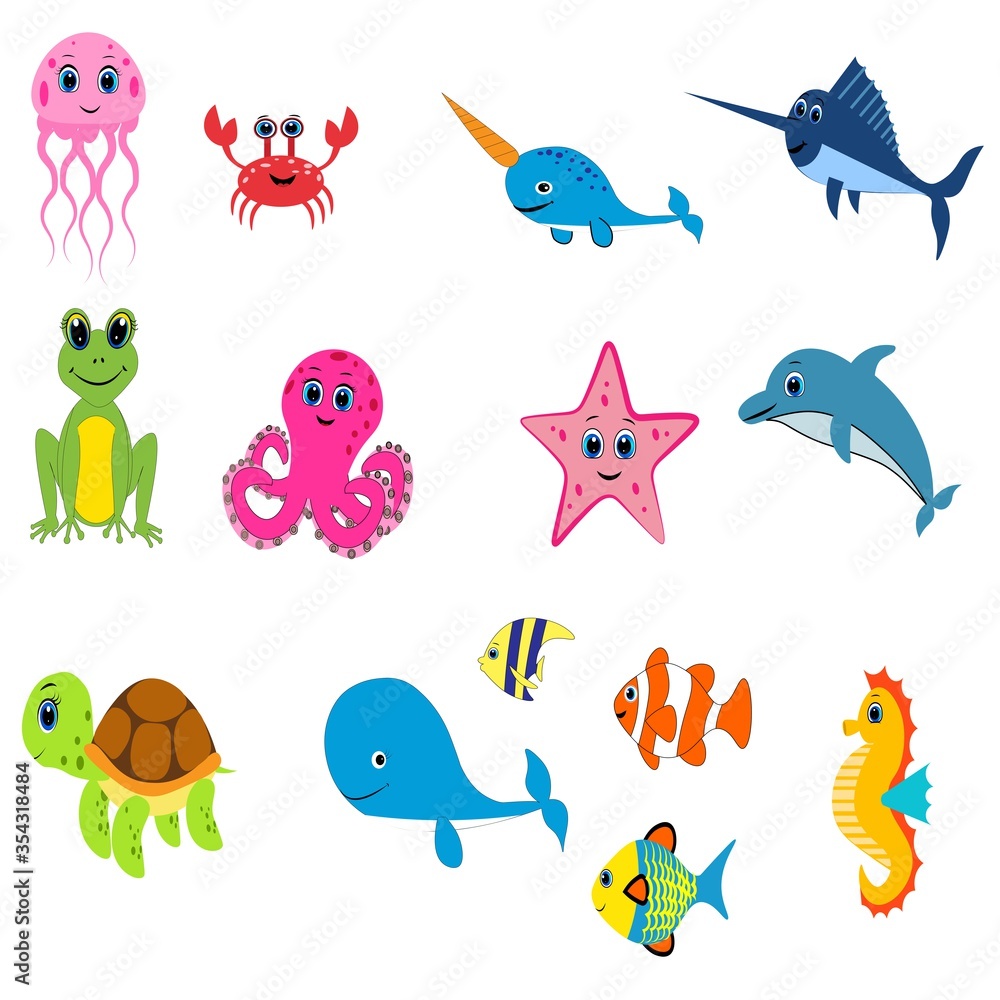 Fototapeta premium Cute animals set illustration, vector collection: farm animals,sea animals wild animals, 