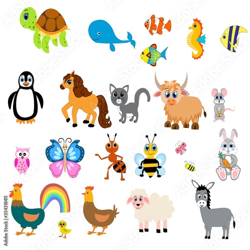 Cute animals set illustration, vector collection: farm animals,sea animals wild animals, 