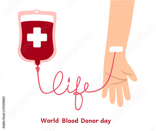 Blood donation concept. Hand with medical bag container, text Life. Hematology medicine illustration. Vector for world donor day