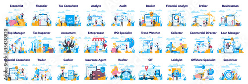 Financial or business profession set. Business character making