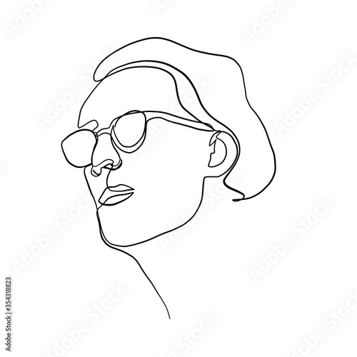 Linear portrait male face in glasses. Head man in minimal style. Continuous line. Promotion logo design for eyeglass store, vision health clinic, male stylist and hairdresser. 