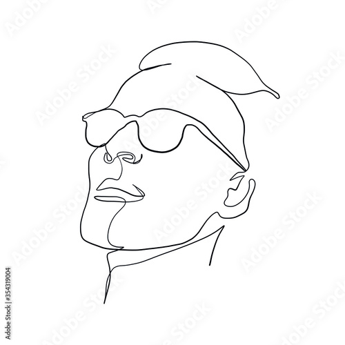 Linear portrait male face in glasses. Head man in minimal style. Continuous line. Promotion logo design for eyeglass store, vision health clinic, male stylist and hairdresser. 