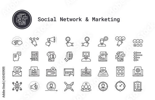 Social media marketing, people community, blogging, survey, feedback thin line icons. Pictogram for social networks, web, mobile app. Content making, digital marketing, seo, rating, review vector icon