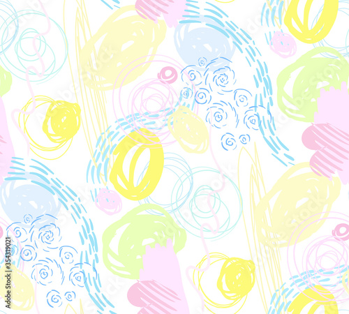 abstract seamless pattern in scribble style for packaging and clothes and goods in pastel shades on a white background.