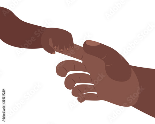 black baby hand holds father by the finger. children and parents, father s day concept. vector illustration on a white background