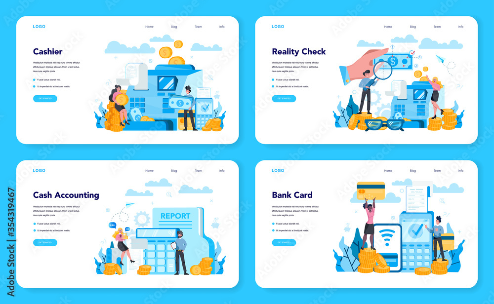 Cashier web banner or landing page set. Worker behind the cashier