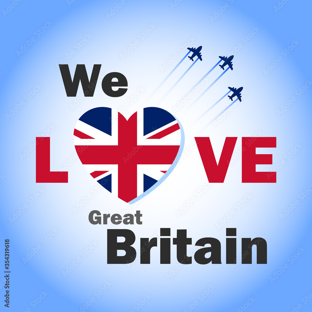 Fototapeta premium We love Great Britain banner with heart shaped flag. United Kingdom National Day creative design with fighter jet in the sky for web and social media.