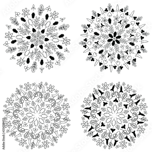 Collection of cute Doodle mandalas with leaves on a white background. A set of Botanical elements arranged in a circle. Hand-drawn vector illustration for coloring pages and art books for adults and c
