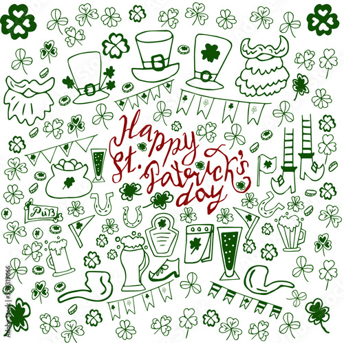 Collection of traditional St. Patrick's day symbols. vector set of flags, beer mugs, clover, pub decorations, leprechaun hat, pot with gold coins. Vector illustration isolated on white background