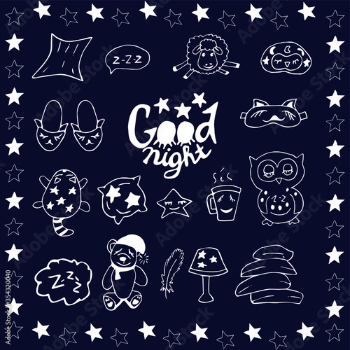 A set of vector elements and the inscription "Good night" on the background of the color of the sky at dusk. A cozy composition of cute owls, bears, pillows, sleep masks, lamps, Slippers, pajamas.