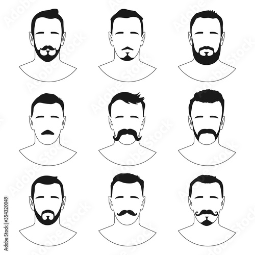 Men hairstyle, beards, mustaches, hipster haircuts vector black silhouette set isolated on white background.