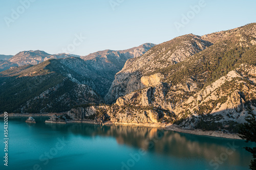 Mountain, sea, sky landscape. Picturesque nature view background in Turkey