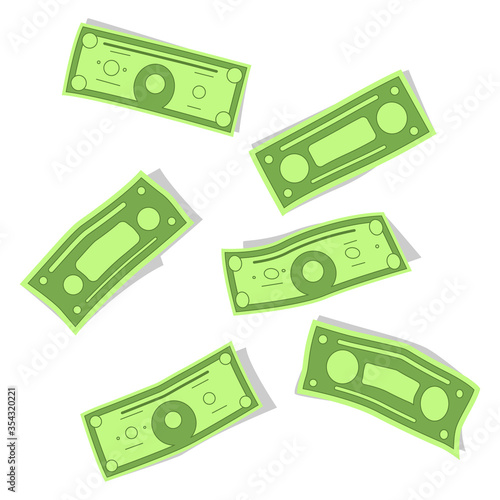 Falling and flying money vector set. Banknotes top view cartoon illustration isolated on a white background.