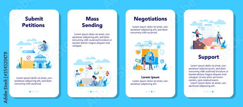Lobbyist and lobby mobile application banner set. Professional pr