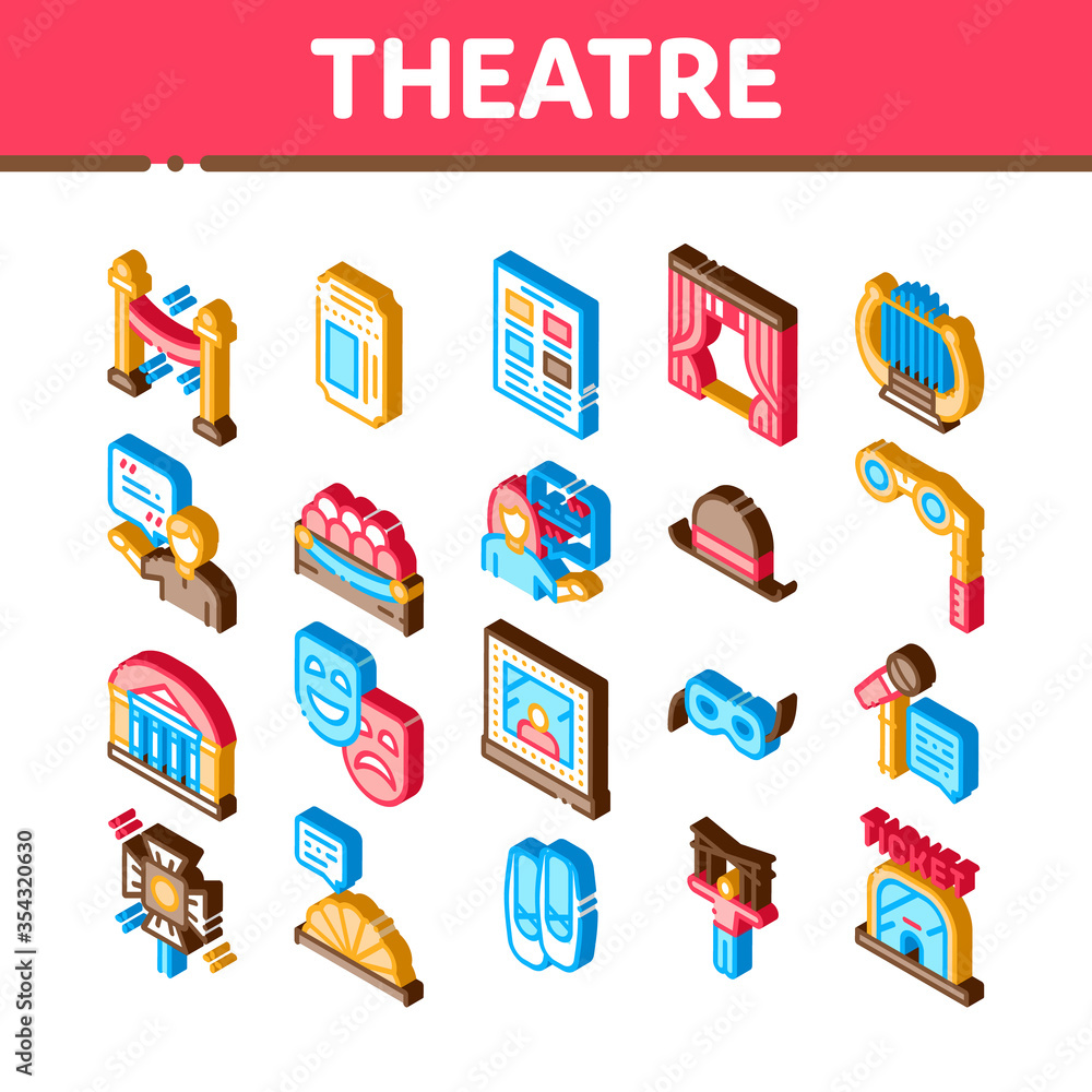 Theatre Equipment Icons Set Vector. Isometric Theatre Ticket And Binoculars, Mask And Microphone, Curtain And Seats, Building And Hat Illustrations Theatre Equipment Icons Set Vector. Isometric Theatre Ticket And Binoculars, Mask And Microphone, Curtain And Seats, Building And Hat Illustrations