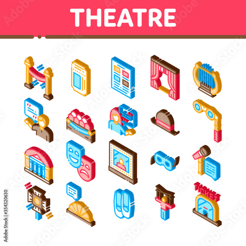 Theatre Equipment Icons Set Vector. Isometric Theatre Ticket And Binoculars, Mask And Microphone, Curtain And Seats, Building And Hat Illustrations