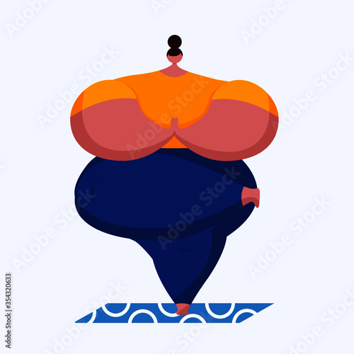 Cartoon character fat woman yoga and meditation relax time ,safe and calm stay at home 