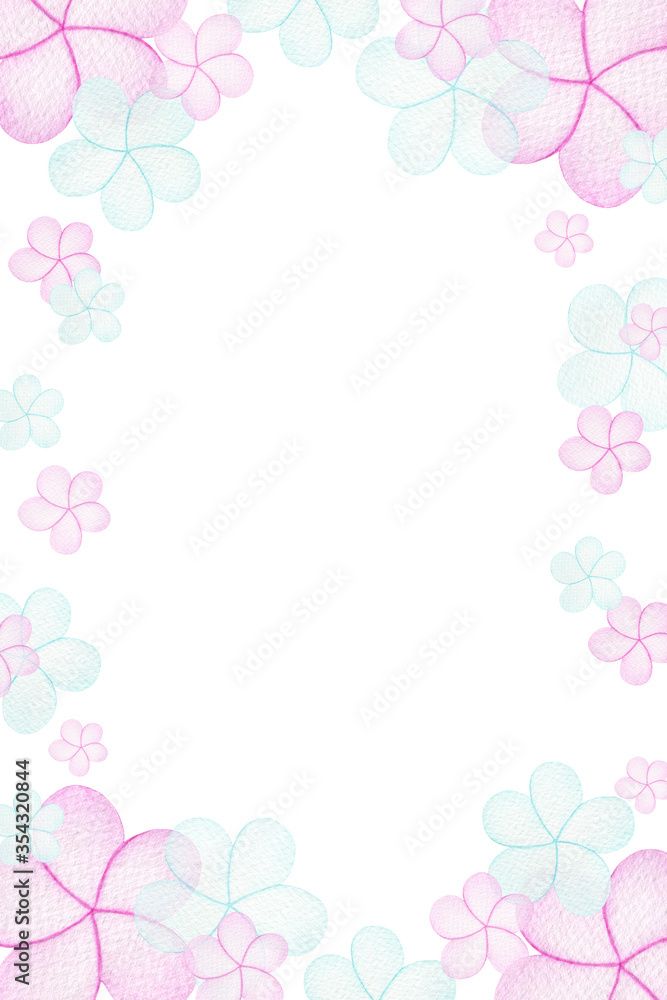 pink and blue flower frame, cute watercolor illustration with pastel colored jasmine flowers, festive botanic frame
