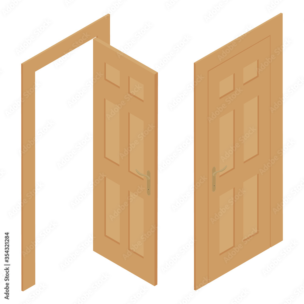Set of different wooden door isolated on white background. Vector. Isometric view Set of different wooden door isolated on white background. Vector. Isometric view