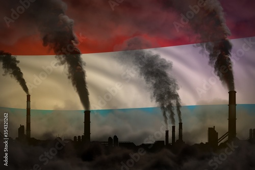Dark pollution, fight against climate change concept - industrial chimneys dense smoke on Luxembourg flag background - industrial 3D illustration