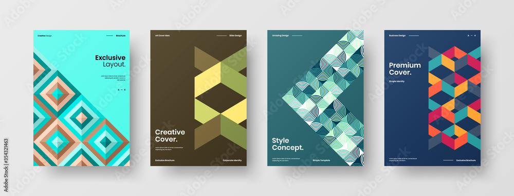 Company identity brochure template collection. Business presentation vector A4 vertical orientation front page mock up set. Corporate report cover abstract geometric illustration design layout bundle.