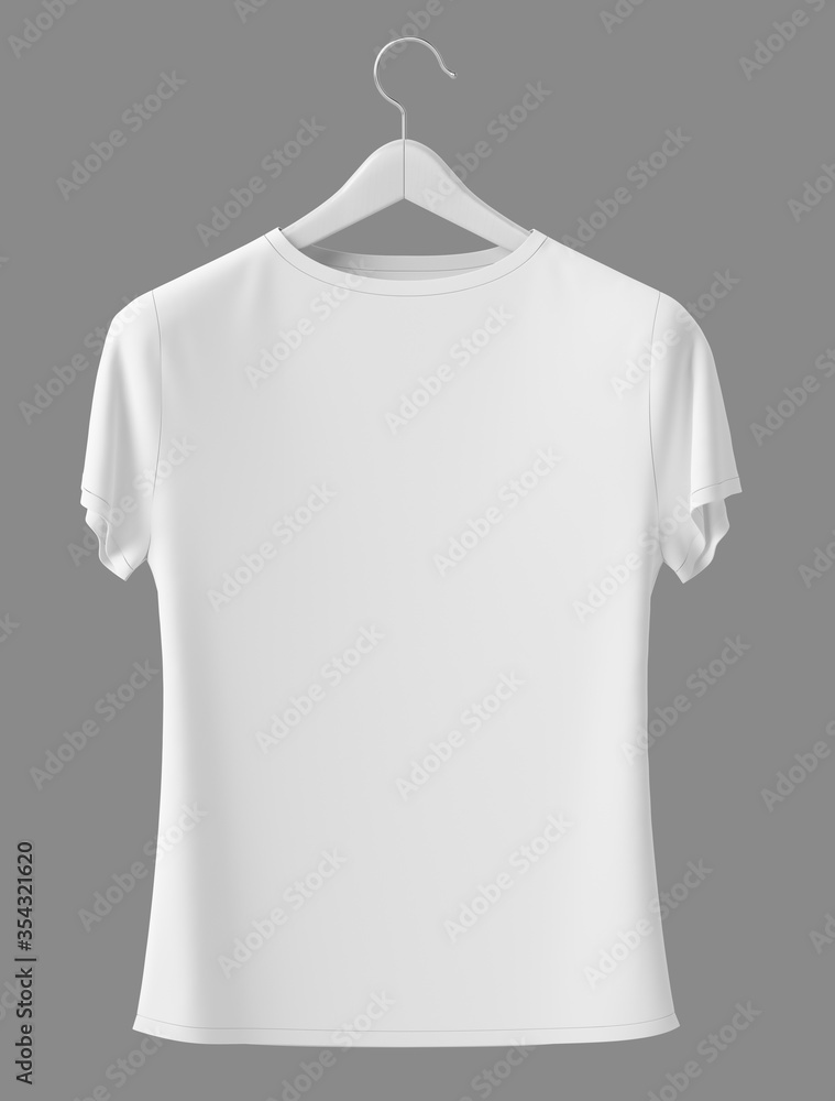 Blank white T-shirt on hanger isolated on gray background - Mock-Up template for your design. 3d rendering Blank white T-shirt on hanger isolated on gray background - Mock-Up template for your design. 3d rendering